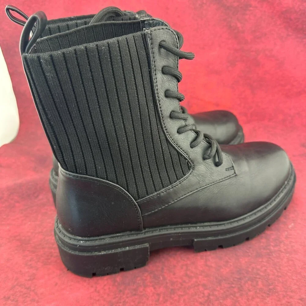 LILIANA WOMEN'S COMBAT BOOTS BLACK LACE-UP STRETCH RIBBET-KNIT SIDE PANEL,SIZE 7